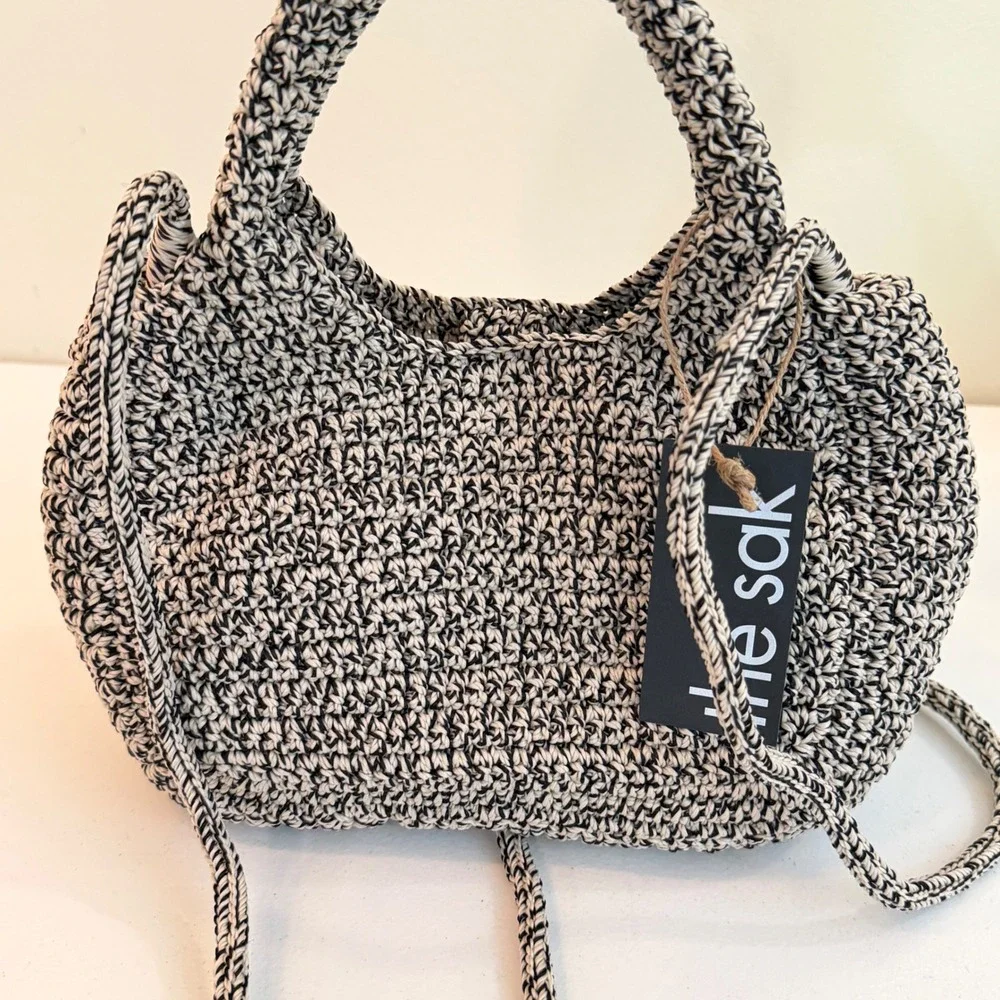 NEW The Sak Rylan Mini Satchel Crochet Crossbody Bag Black Cream HandbagRecycled